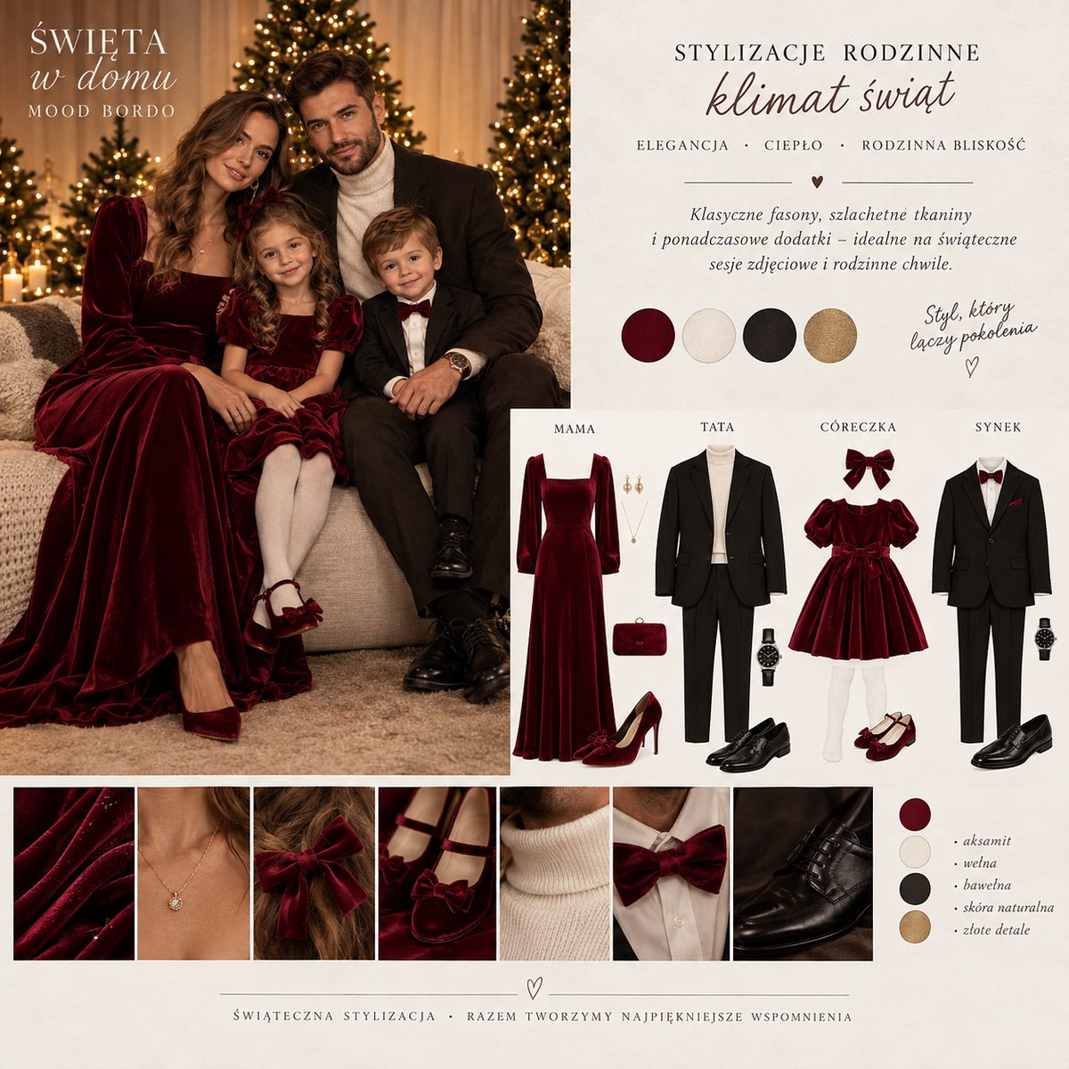 Tablica ze stylizacjami rodzinnymi: eleganckie stroje w bordo, czerni i kremie